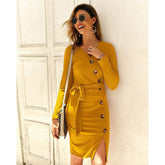 Knitted Sweater Bodycon Dress New Ladies Casual V-neck Button Autumn Winter Elegant Jumper Dress